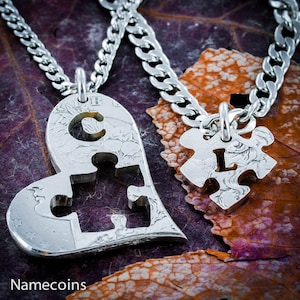 Puzzle Piece in Heart with Initials Necklace, Cut on a Real Silver Coin