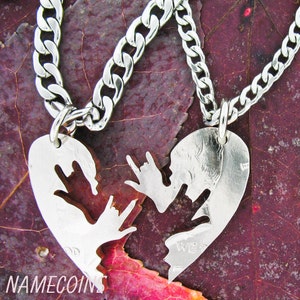 ASL I Love You Necklaces, Relationship Necklace, Couples, Heart Half Dollar, Hand Cut Coin