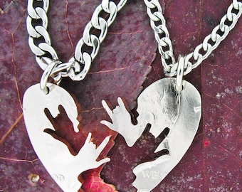 ASL I Love You Necklaces, Relationship Necklace, Couples, Heart Half Dollar, Hand Cut Coin