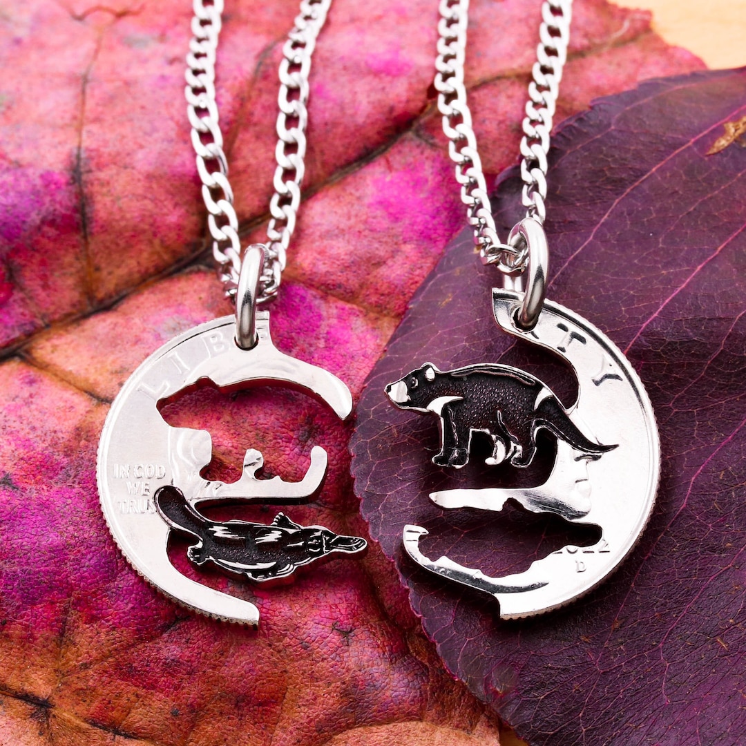 Hand Cut Coin Necklace Set: Platypus Tasmanian Devil BFF Jewelry - Main Image