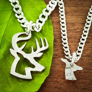 Buck and Doe Necklaces for 2, Hunting Couples Necklaces, Inside and Outside Pieces, Deer Hunting, Hand Cut Half Dollar Set image 1