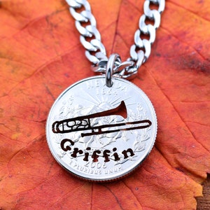 Trombone Player, Hand Cut Name for Trombonist Music Lover, Coin Gift