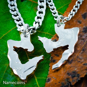 May include: Two silver necklaces with matching pendants that fit together like puzzle pieces. The pendants are shaped like a bird in flight. The necklaces are on a green and brown leafy background.