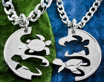 Hand Cut Coin Sea Turtle Necklaces, Best Friend Jewelry