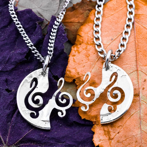 Hand Cut Coin Treble Clef Necklace Set: Music BFF Jewelry