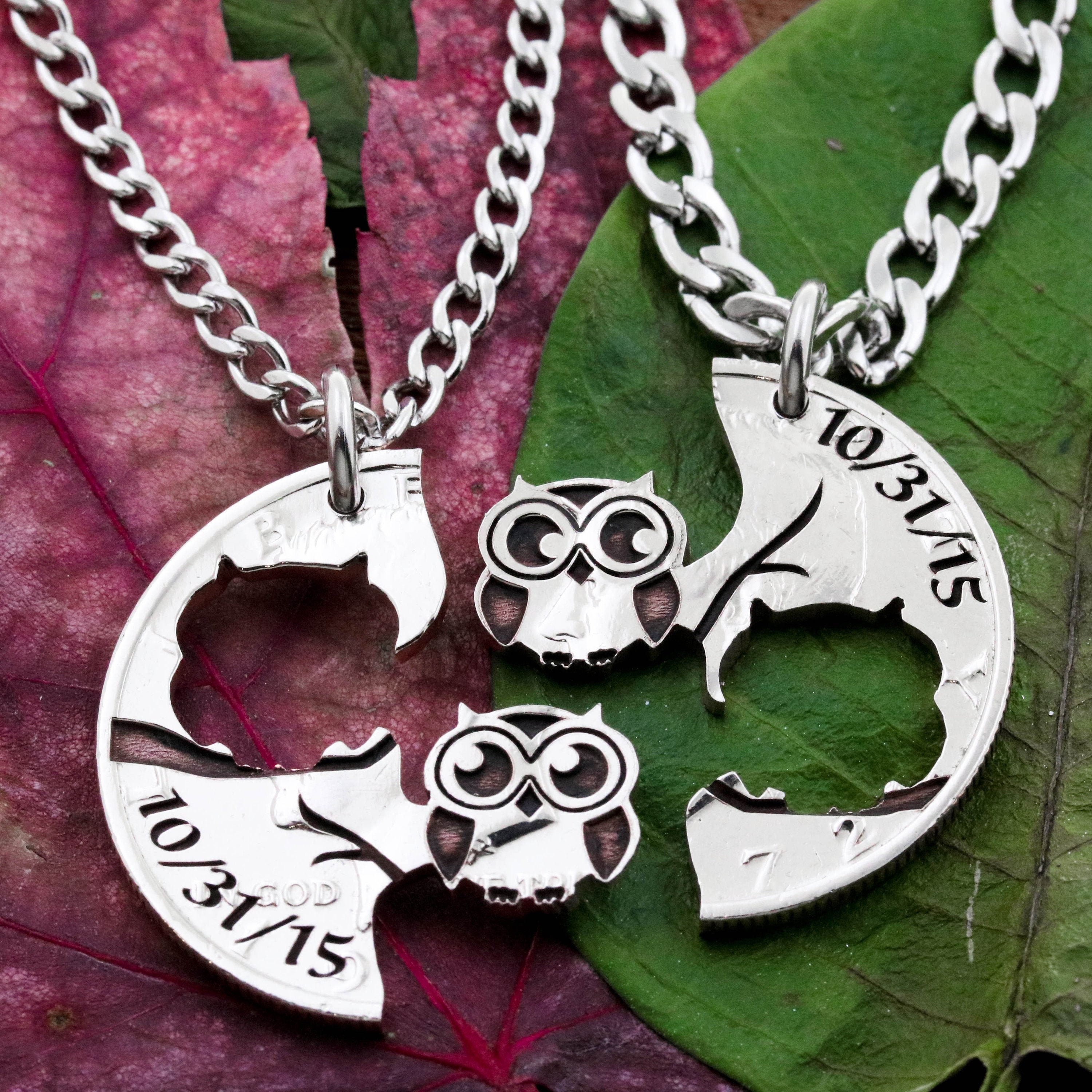 Hand Cut Coin Owl Necklace Set, Custom Engraved Date Jewelry
