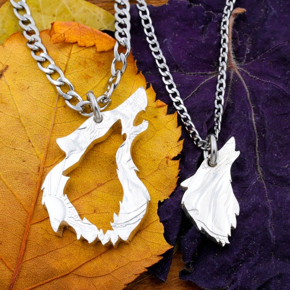 His and Her Howling Wolf Necklaces Inside Outside Wolves Couples
