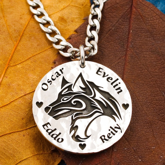 Silver Wolf Necklace With Engraved Custom Names 4 Best Friends