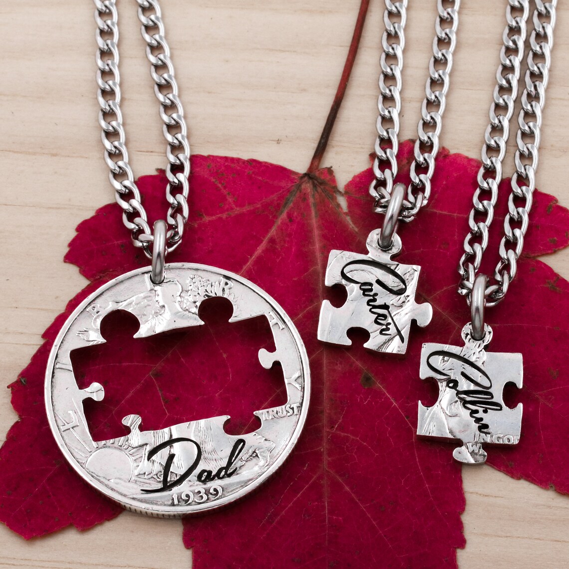 Dad and Son Puzzle Piece Necklaces Custom Engraved Kid Names Etsy