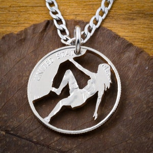 Rock Climber Girl Necklace, Woman Climbing, Rock Climbing Gift, Hand Cut Coin