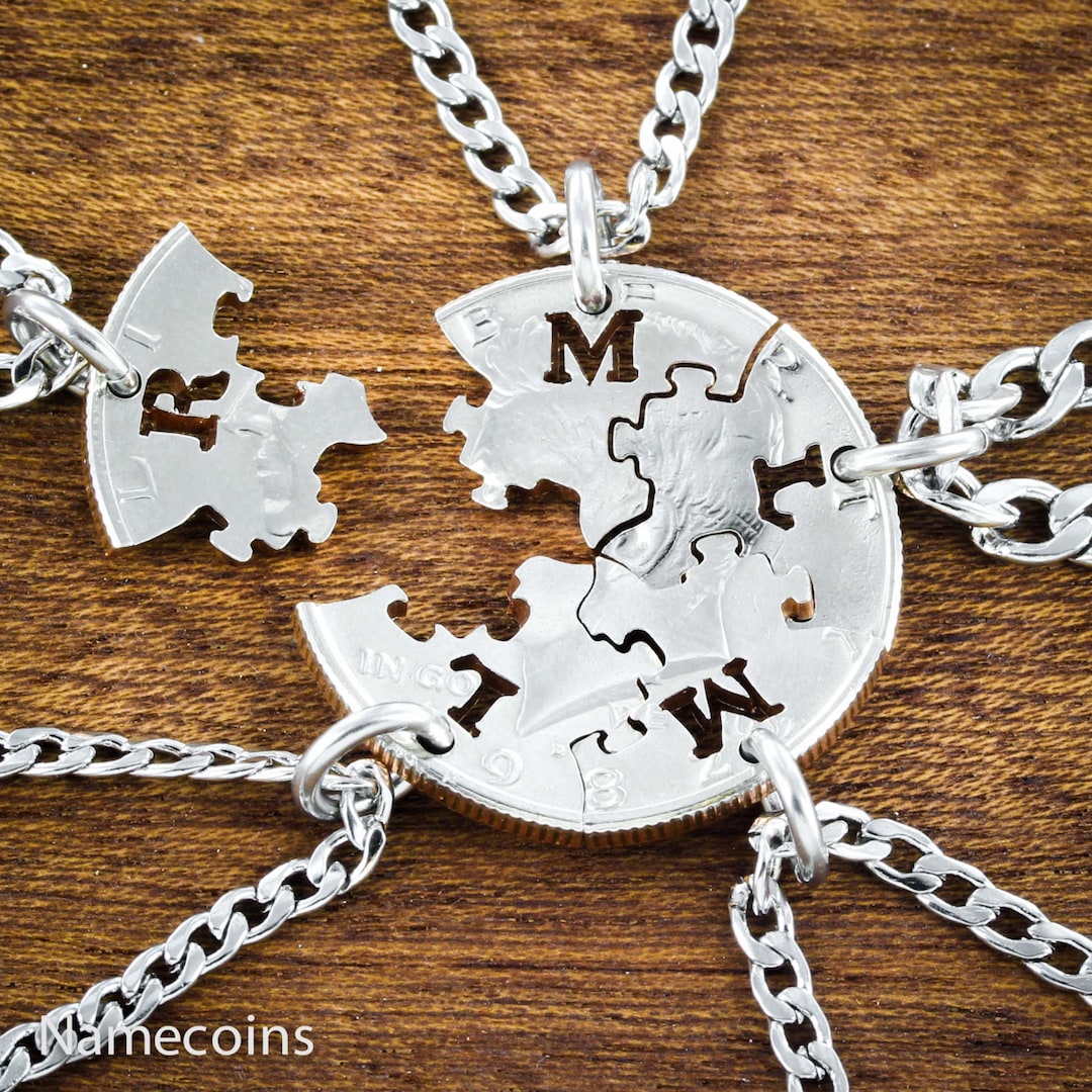 5 BFF Puzzle Piece Necklaces Best Friends or Family Gifts Custom Initials on Each Hand Cut Coin Etsy