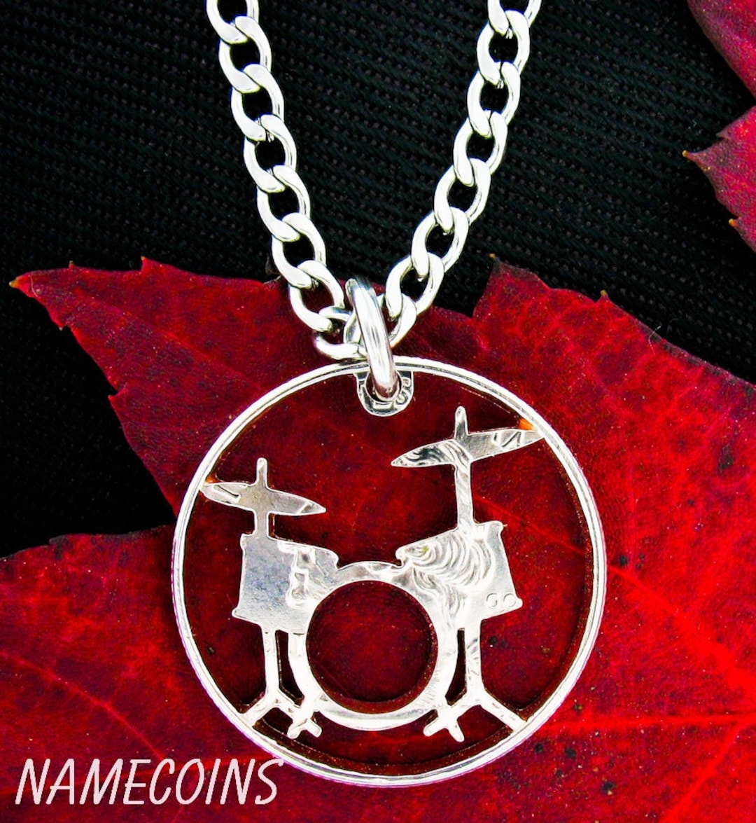 Drum Set Necklace, Rockers Jewelry, Drummer Gift, Band, Hand Cut Coin