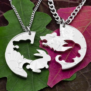 May include: Two silver necklaces with matching pendants. The pendants are cut out of silver coins and feature a rabbit and a wolf design. The necklaces are displayed on a green and pink leaf background.