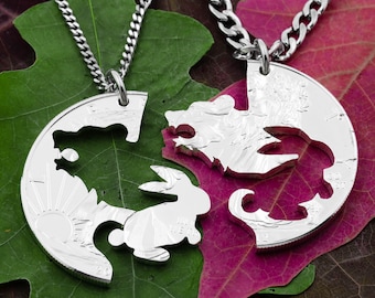 Bear and Bunny Necklace Set, BFF and Couples Necklaces, Animal Jewelry, Interlocking Hand Cut Coin