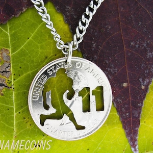 Running Back Football Necklace with Custom Number, Hand Cut Coin image 1