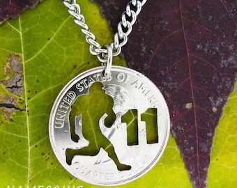 Running Back Football Necklace with Custom Number, Hand Cut Coin