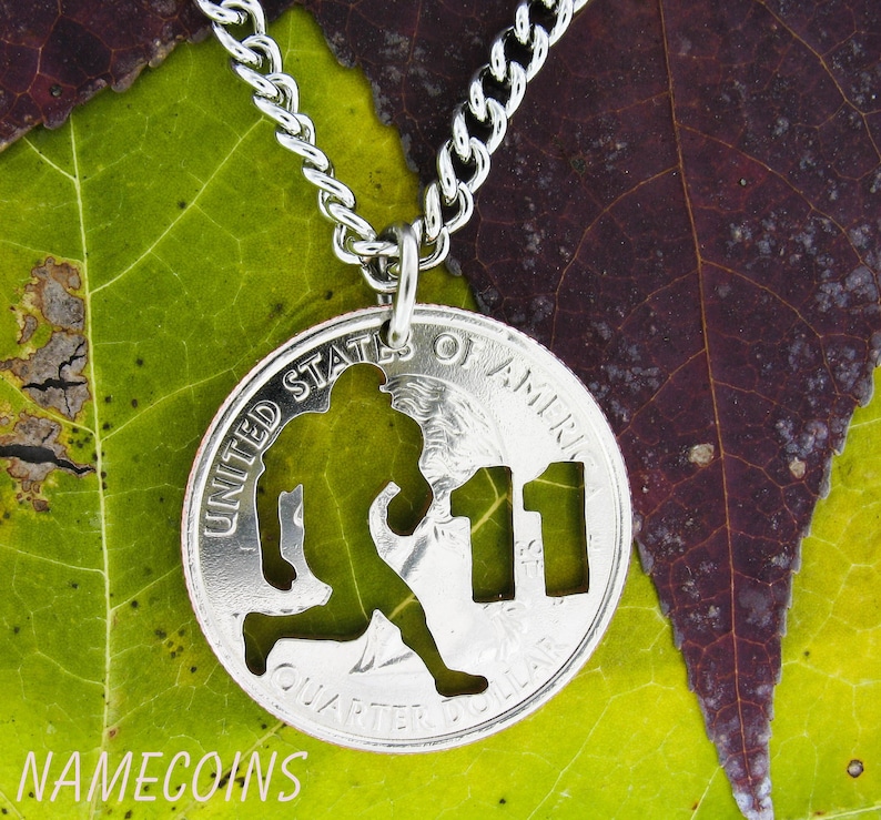 Running Back Football Necklace with Custom Number, Hand Cut Coin image 1