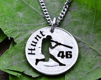 Baseball Bunter Necklace, Custom Engraved Name, Hand Cut Jersey Number, Sports Jewelry, Hand Cut Coin