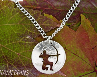 Archer Necklace, Bow Hunting Jewelry, Hand Cut Coin