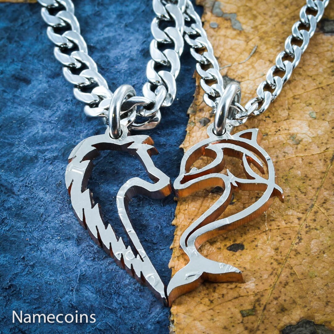 Wolf and Dolphin Couples Necklaces, Makes a Heart When Together