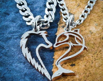 Wolf and Dolphin Couples Necklaces, Makes a Heart When Together, Interlocking Hand Cut Coin