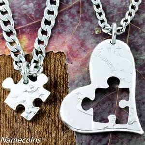 Puzzle Piece Necklace Heart, Cut by hand from a Real Silver Coin, Hand Cut Coin