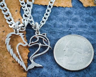 Wolf and Dolphin Couples Necklaces, Makes a Heart When Together