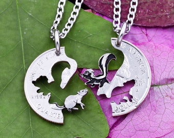 Skunk and Mouse Necklaces, Best Friend Jewelry, Flower Skunk and Rodent Rat, Animal Interlocking Set, Hand Cut and Engraved Coin