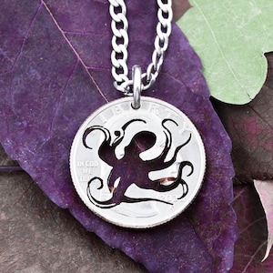 Octopus Silhouette Necklace, Ocean Beach Sea Jewelry, Creature of the Sea, Eight Arms Tentacles, Hand Cut Coin