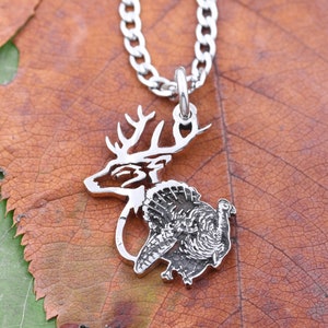 Buck and Wild Turkey Necklace, Hunters Gift, Hunting Jewelry, Deer and Fowl, Gift For Him, Hand Cut Coin