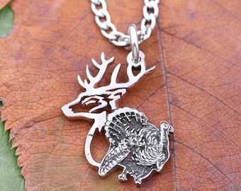 Buck and Wild Turkey Necklace, Hunters Gift, Hunting Jewelry, Deer and Fowl, Gift For Him, Hand Cut Coin