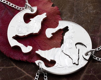 Hand Cut Coin Wolf Necklace: Three Piece Friendship Jewelry