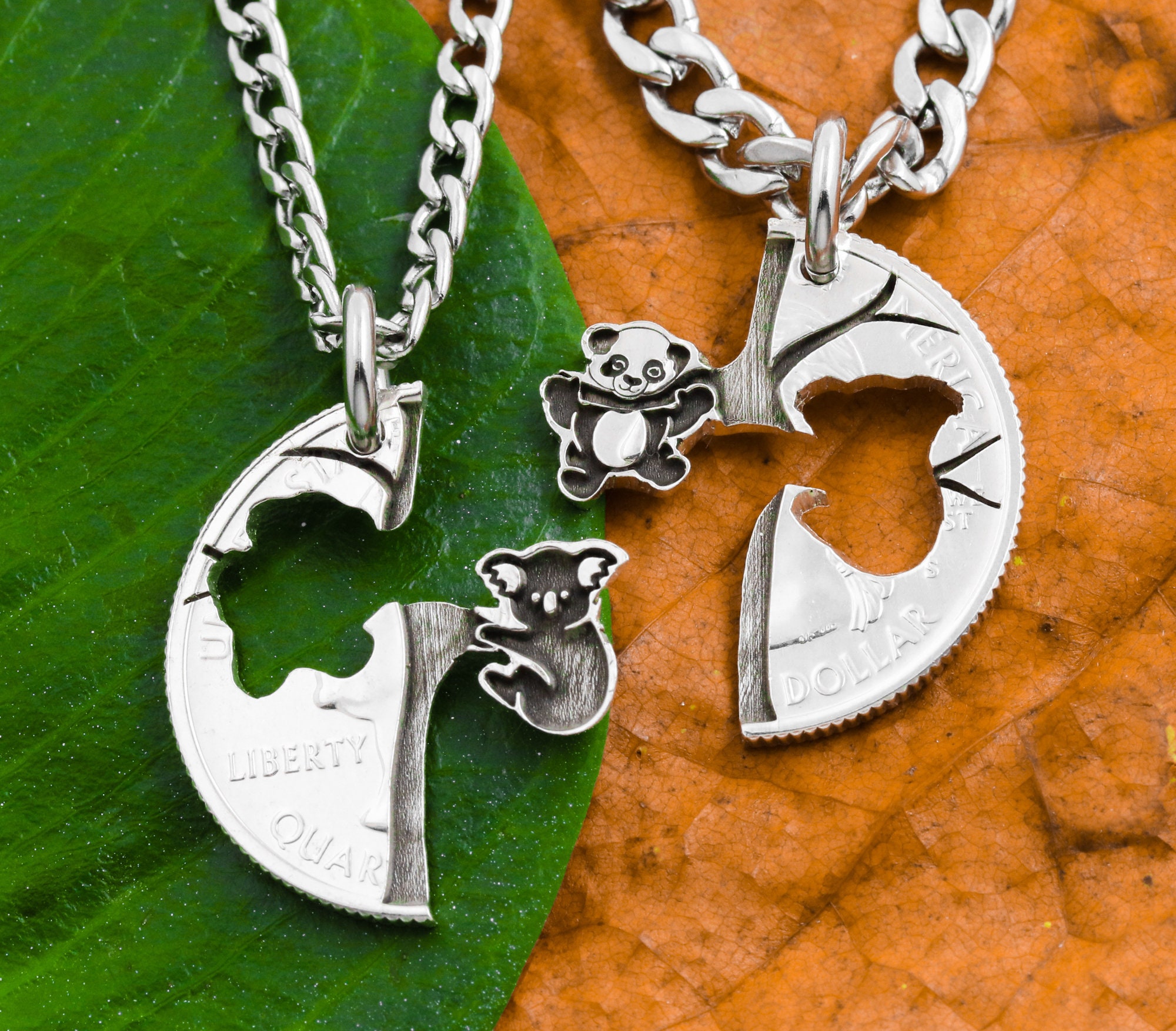 Baby Panda and Koala Friendship Necklaces Best Friends and BFF Gifts Swinging Tree Animal Jewelry Hand Cut and Engraved Coin