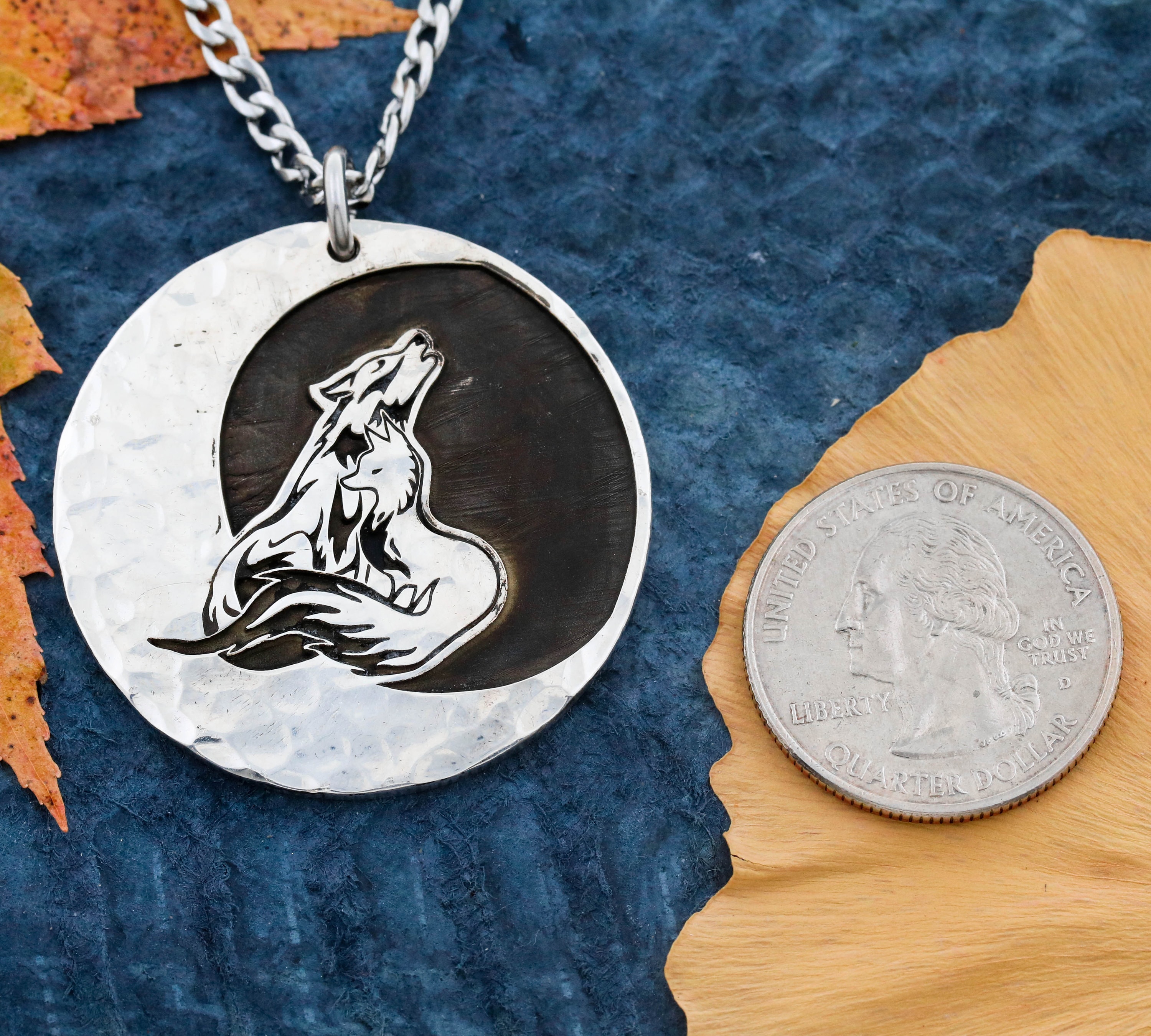 Hammered Silver Wolf Necklace: Howling Wolves Under Moon - Etsy