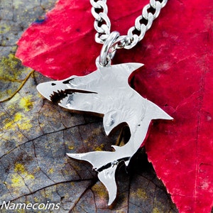 Shark Necklace, Ocean Jewelry, Hand Cut Half Dollar