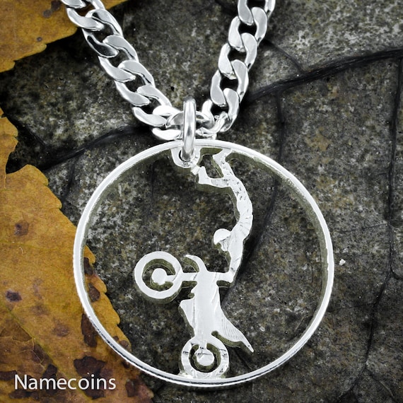 Motocross Jewelry, Dirtbike Necklace, Hand Cut Quarter