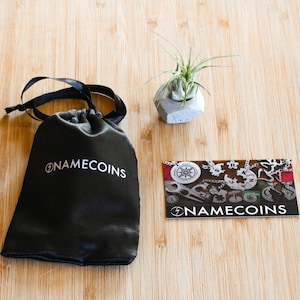 May include: A black velvet pouch with the text "Namecoins" printed in white. The pouch is sitting on a wooden surface next to a small concrete planter with a green air plant. A white card with the text "Namecoins" and a variety of silver charms is also on the surface.