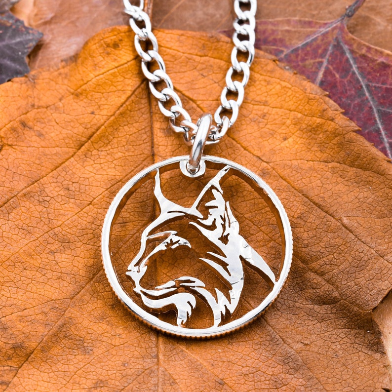 Lynx Necklace, Wild Cat Jewelry, Cat Head Portrait, Thin Rimmed Hand Cut Coin image 1