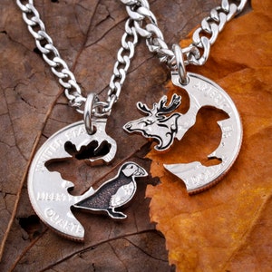 Puffin and Moose Best Friends Necklaces, Bull Moose, Puffin, Gifts, Hand Cut Coin Jewelry