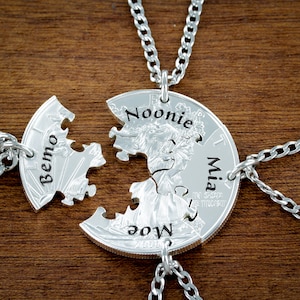 4 Puzzle Piece Necklace Set, Best Friends Personalized Name Necklaces, 4 BFF Jigsaw Gift, Hand Cut Coin Jewelry