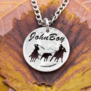 Team Calf Roping Necklace, Custom Engraved Name, Calf Roper, Western Jewelry, Hand Cut Coin