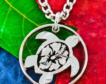 Hawaiian Turtle Necklace, Hibiscus Flower Jewelry, Hand Cut Quarter