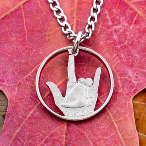 ASL I Love You Hand Necklace, Deaf Jewelry, Sign Language, Thin-Rim Style, Hand Cut Coin