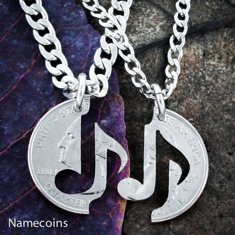 Music Note Necklace Set for Couples, You Make My Heart Sing Relationship Set, Hand Cut Quarter image 1