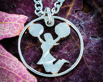 Cheerleader Necklace, Cheerleading Gift, Hand Cut Coin