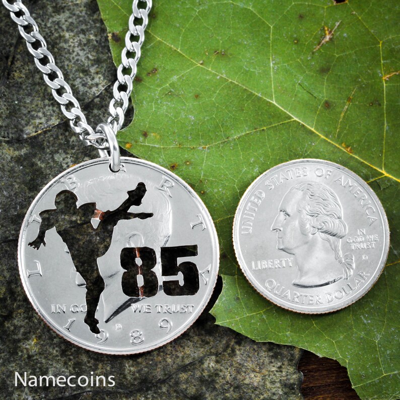 Football Kicker Player Necklace with Jersey Number, Custom Sports Jewelry, Hand Cut Coin image 2