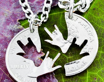 Best Friend Necklaces, Sign Language Jewelry, ASL I Love You, Deaf,  I Love You Hands Interlocking Puzzle Necklaces