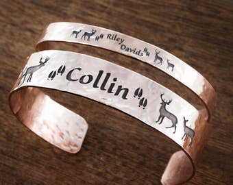 Couples Copper Cuffs, Hammered, Buck and Doe with Name, His and Her Bracelets