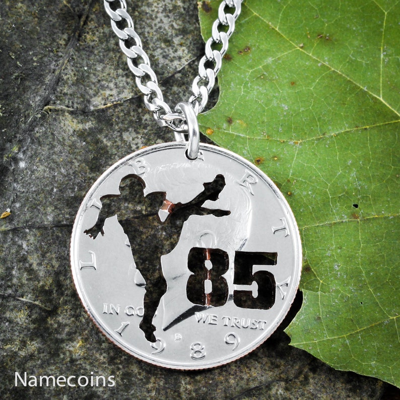 Football Kicker Player Necklace with Jersey Number, Custom Sports Jewelry, Hand Cut Coin image 1