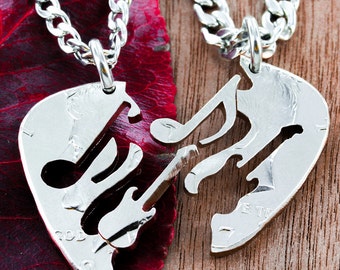 Hand Cut Coin Guitar Pick Necklace Set: Music Note BFF Puzzles